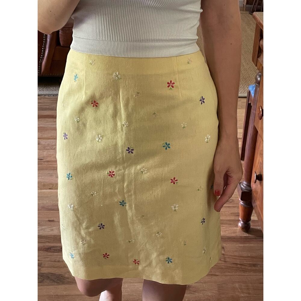 Butter Yellow Y2K Linen Flower Print Skirt Size Small - Picture 2 of 8